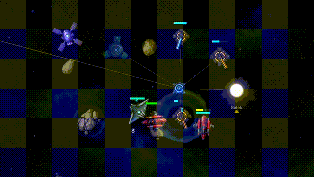 Animated node fight with turrets defending